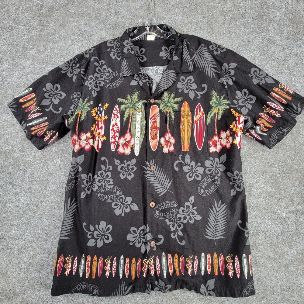 Palmwave Hawaiian Button Up Shirt Mens L Black Surfboards and Palm Trees Graphic